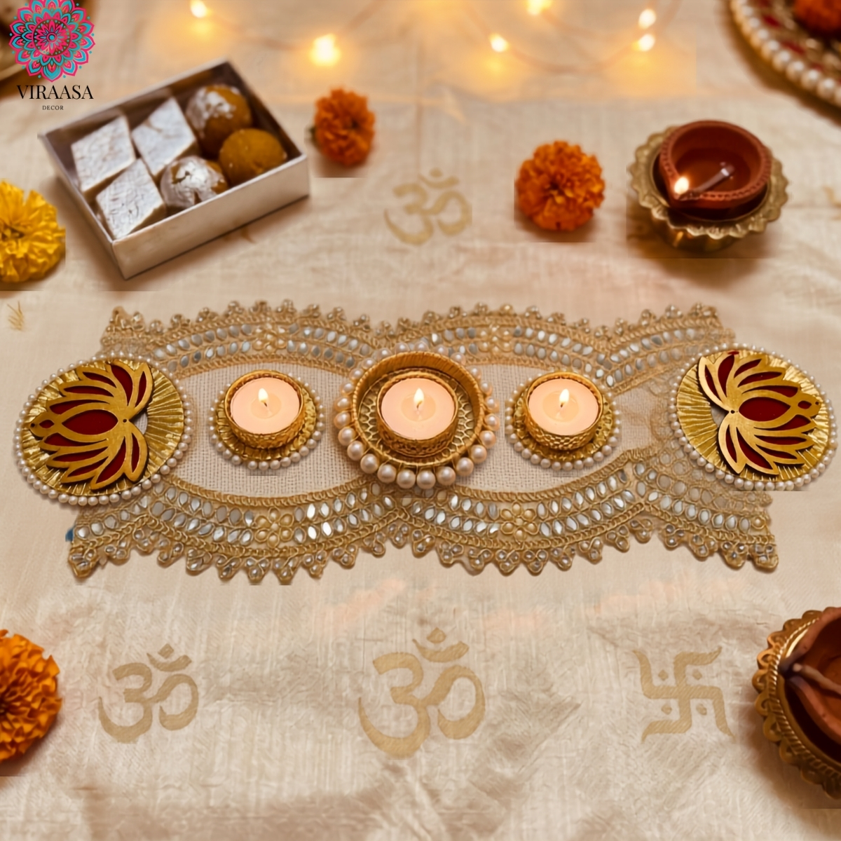 Golden Lotus Accent Table Runner