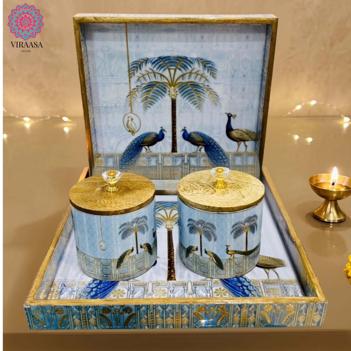 MDF Tray & Jar with Peacock Print - Set of 2