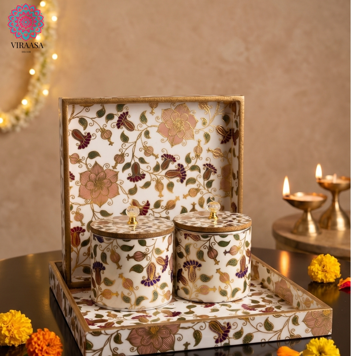 MDF Tray & Jar with Floral Print - Set of 2