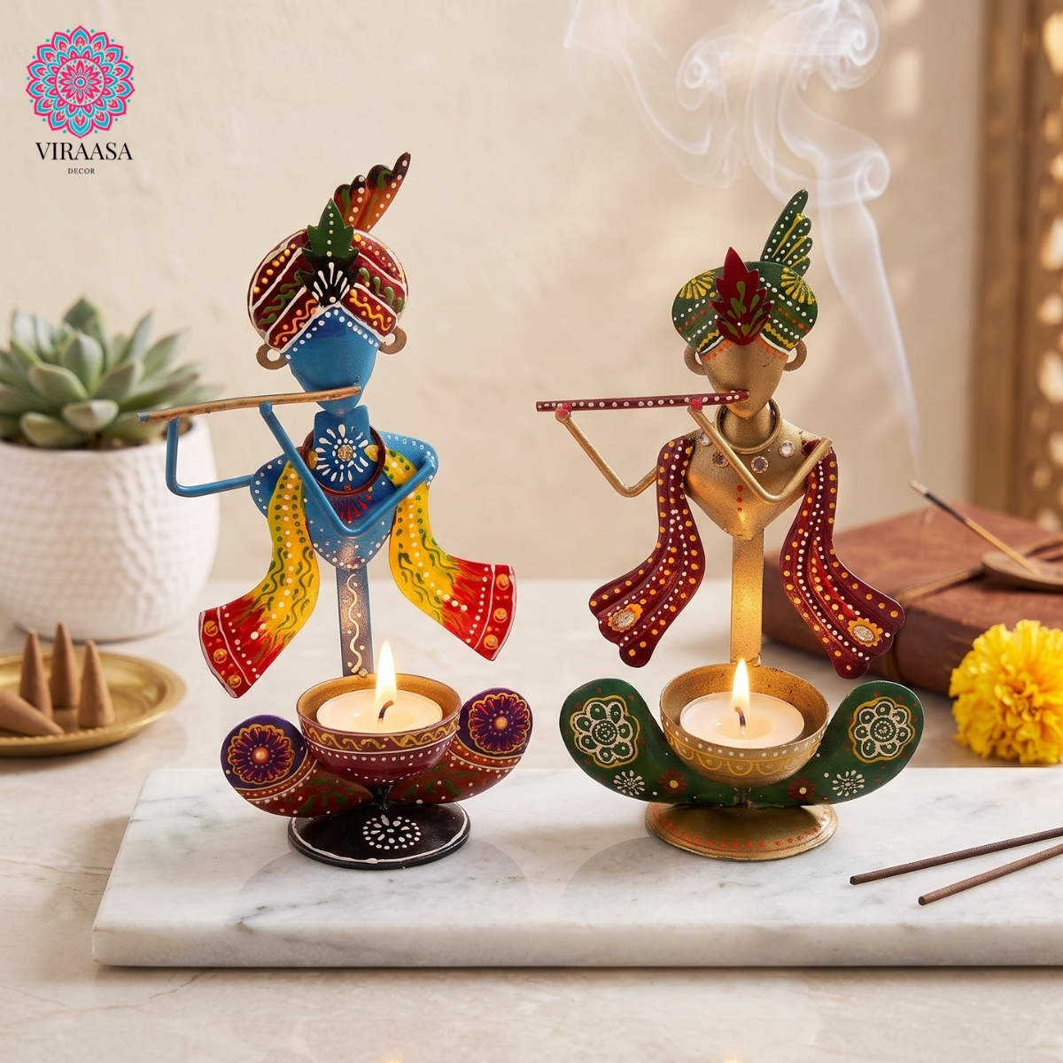 Krishna Ji Metal T-Light Holder - Set of 2