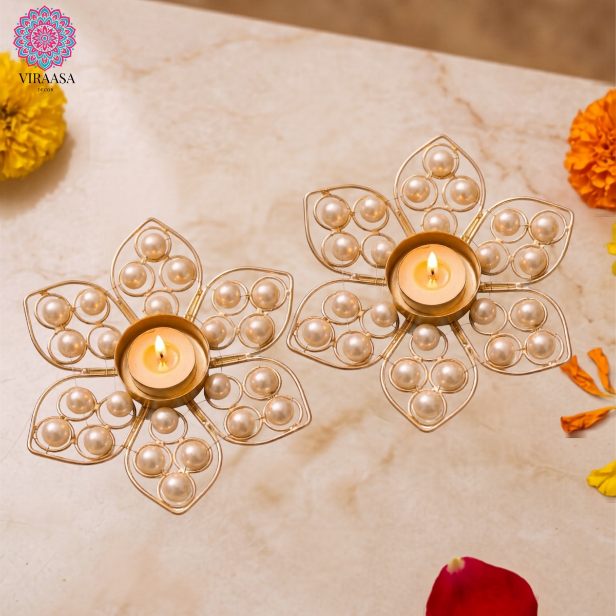 Pearl Blossom T-Light Holder - Set of 2