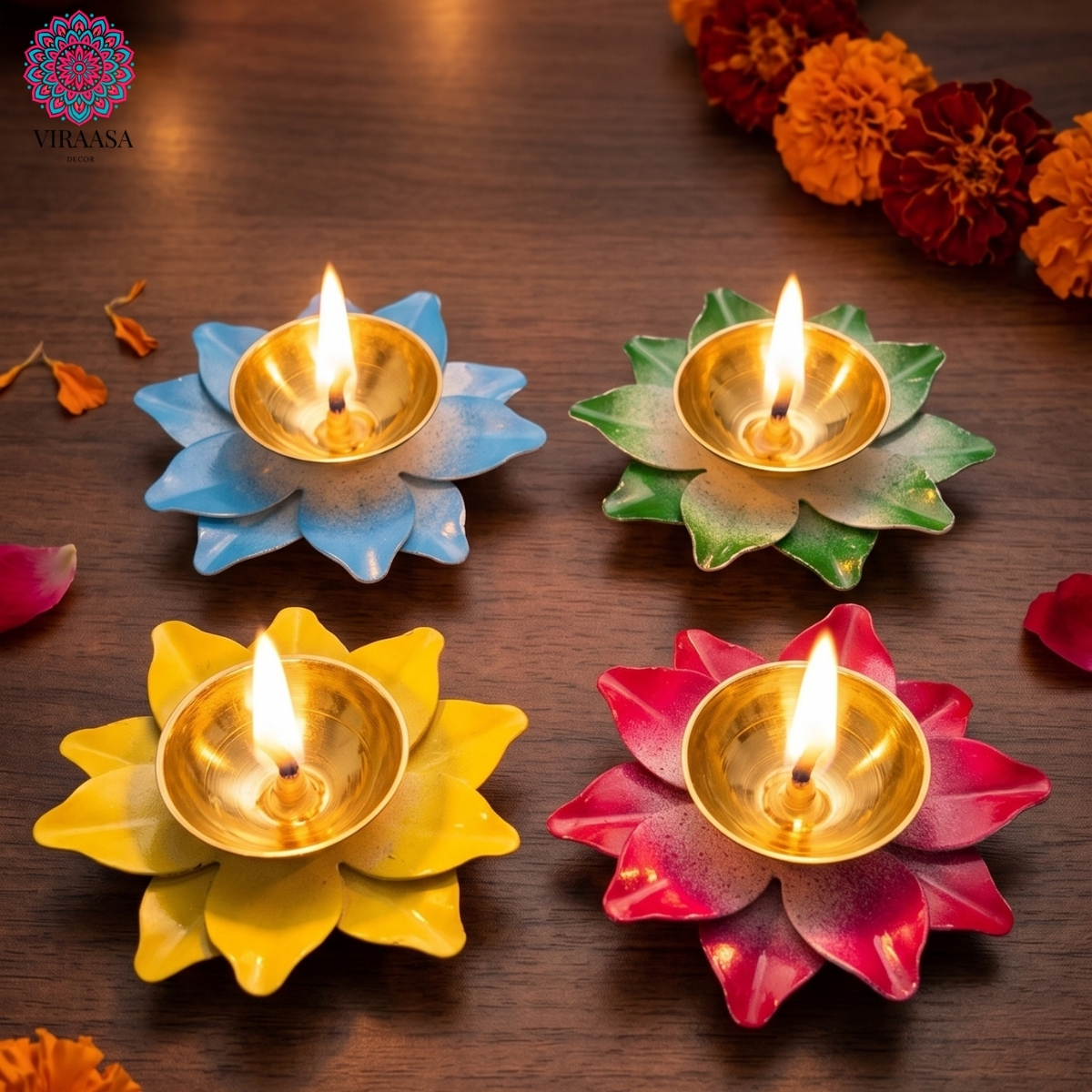 Metal Lotus Diya - Set of 4