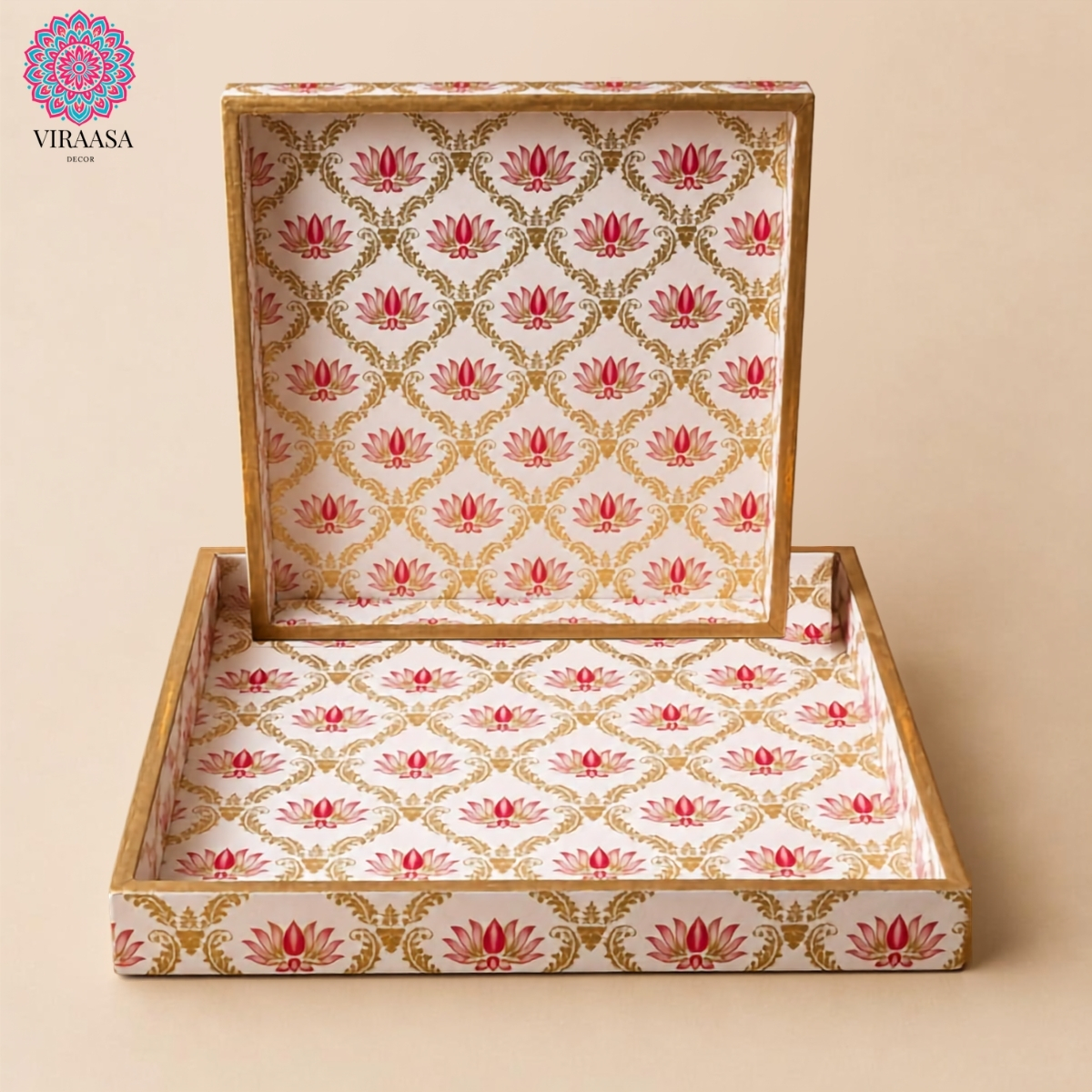 MDF Tray with Lotus Print - Set of 2
