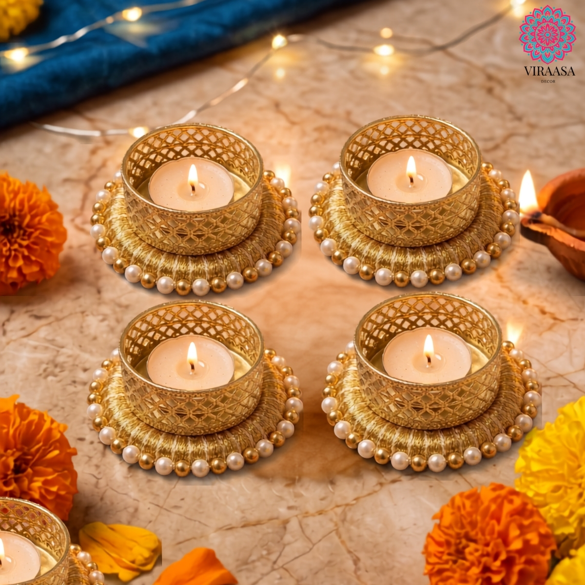 Handcrafted Golden T-Light Holder - Set of 4