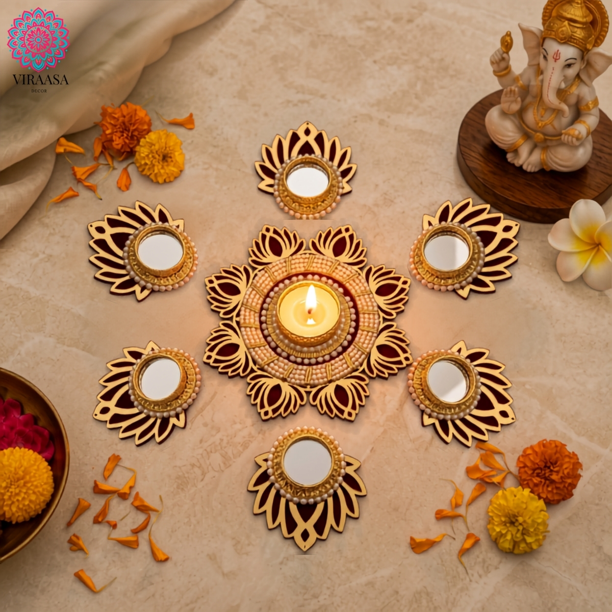 Handcrafted Mirrored Lotus Rangoli - Set of 7