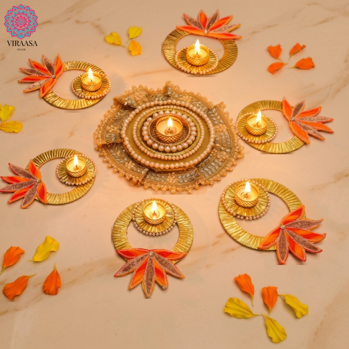 Handcrafted Orange Floral Rangoli - Set of 7