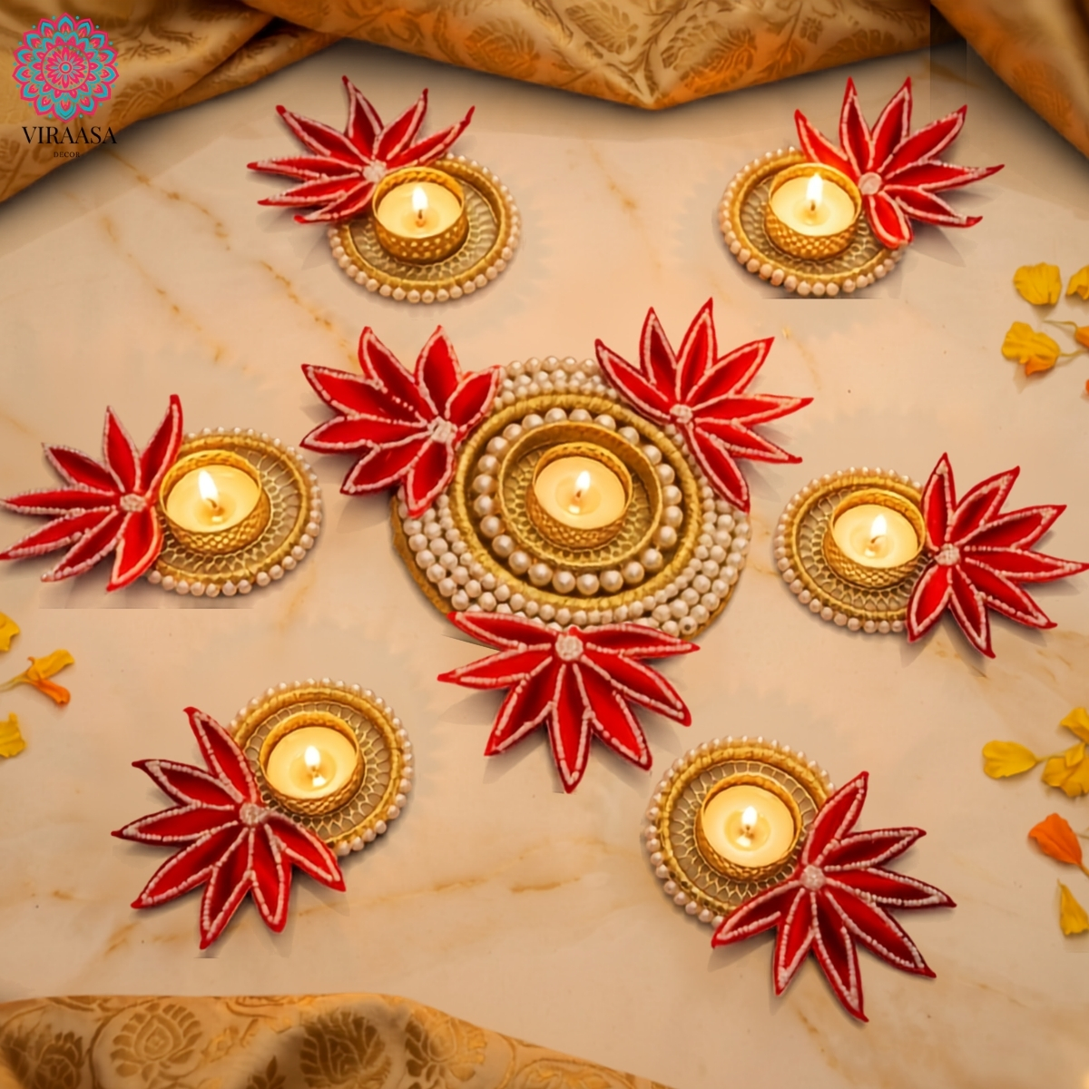 Handcrafted Red Floral Rangoli - Set of 7
