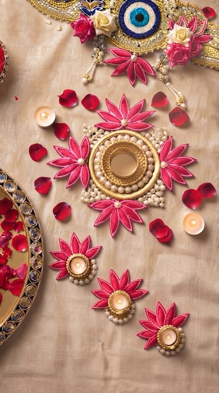 Viraasa Decor lotus rangoli with mirrored T-light holders and rose petals in a festive home setting