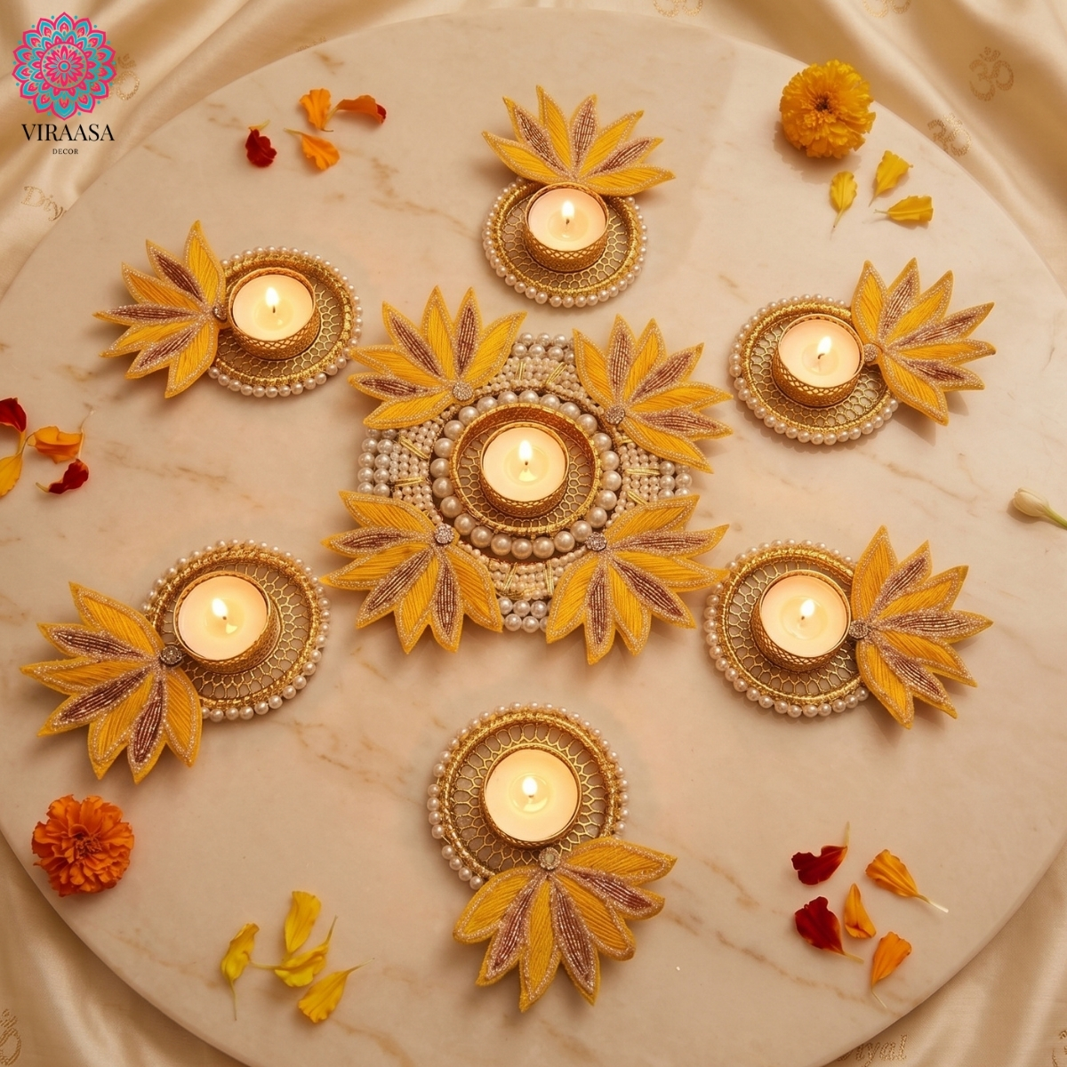 Handcrafted Yellow Floral Rangoli - Set of 7