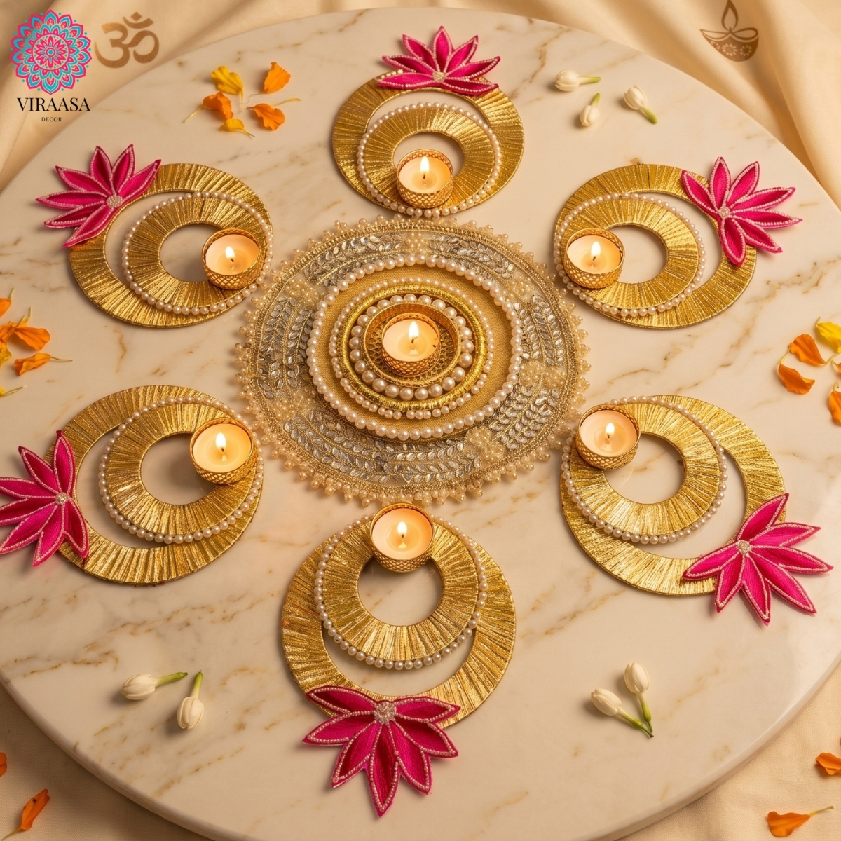 Handcrafted Pink & Gold Rangoli - Set of 7